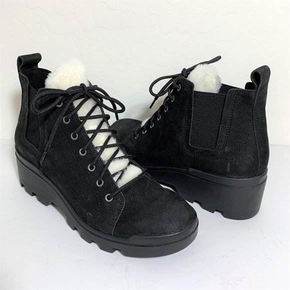 Eileen Fisher Calm Booties Shearling Nubuck Wedge Boots Black Size 7.5 NEW - Picture 1 of 6